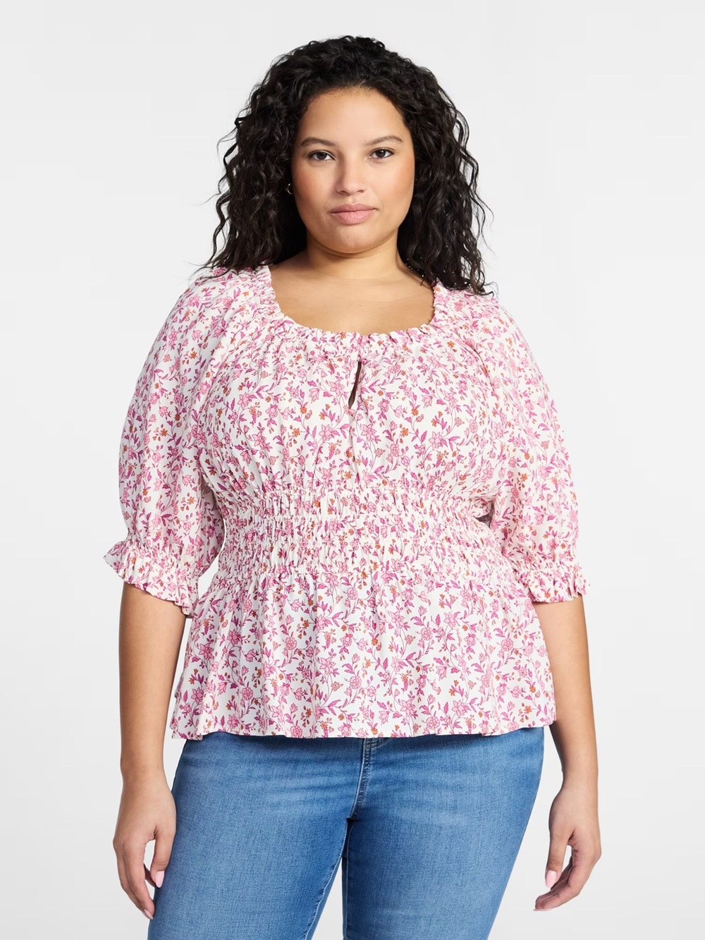 Terra & Sky Smocked Floral Peasant Blouse. Women’s 2X (20W-22W)